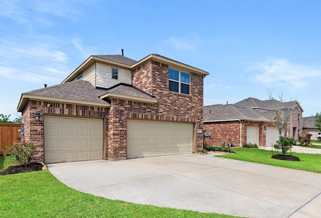 traditional home with a front lawn, roof with shingles, brick siding, an attached garage, and driveway