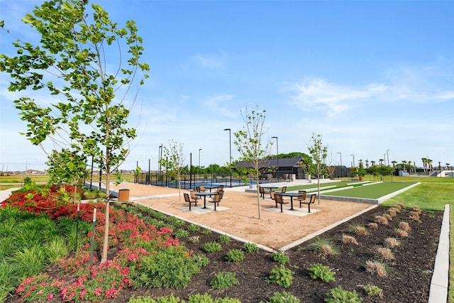 view of home's community featuring fence