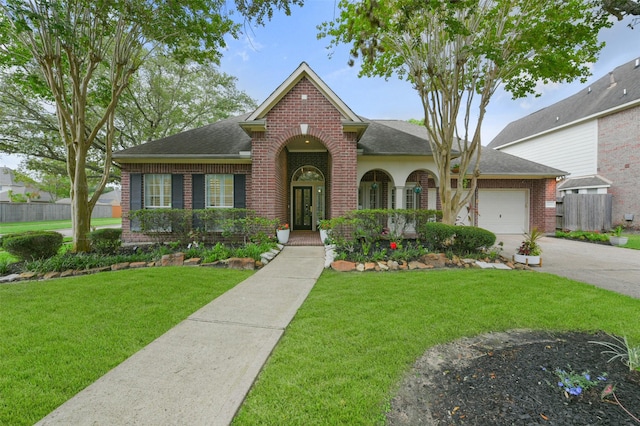 traditional home with a front yard, a garage, brick siding, fence, and concrete driveway