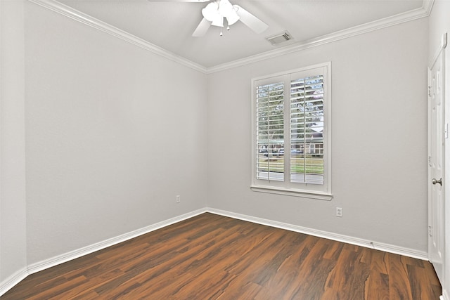unfurnished room with ceiling fan, visible vents, baseboards, dark wood-style floors, and ornamental molding