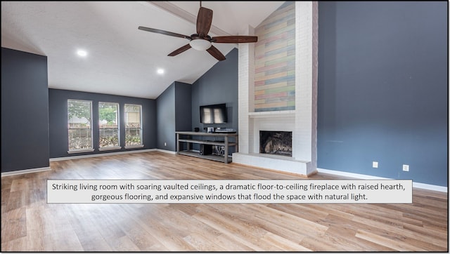 6627 Gleneagles Dr, Pasadena, TX 77505 - unfurnished living room featuring ceiling fan, a fireplace, high vaulted ceiling, baseboards, and wood finished floors