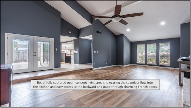 6627 Gleneagles Dr, Pasadena, TX 77505 - unfurnished living room with a ceiling fan, french doors, visible vents, wood finished floors, and high vaulted ceiling