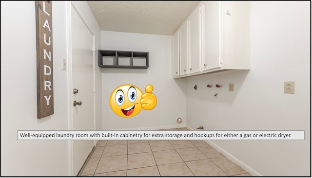 6627 Gleneagles Dr, Pasadena, TX 77505 - laundry room featuring baseboards, a textured ceiling, tile patterned floors, and cabinet space