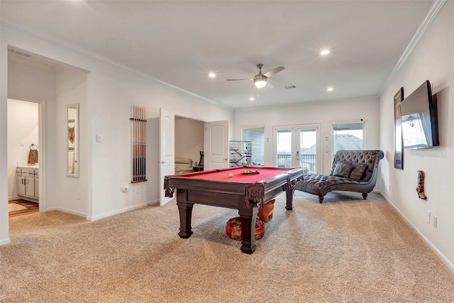 6006 Henry Hamlet Dr, Conroe, TX 77304 - recreation room with light colored carpet, pool table, french doors, a ceiling fan, and ornamental molding