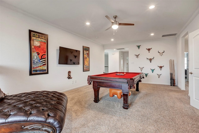 6006 Henry Hamlet Dr, Conroe, TX 77304 - game room with ornamental molding, billiards table, a ceiling fan, light colored carpet, and recessed lighting