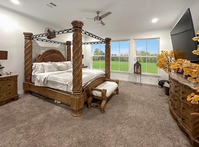 6006 Henry Hamlet Dr, Conroe, TX 77304 - carpeted bedroom with baseboards, ceiling fan, and recessed lighting