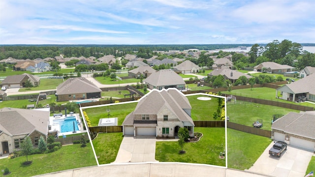 6006 Henry Hamlet Dr, Conroe, TX 77304 - aerial view of residential area featuring property parcel outlined and a pool area