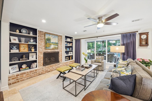 living room with visible vents, built in features, a fireplace, ceiling fan, and recessed lighting