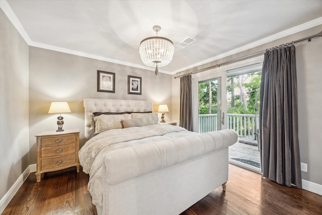 bedroom with an inviting chandelier, dark wood finished floors, access to exterior, baseboards, and ornamental molding