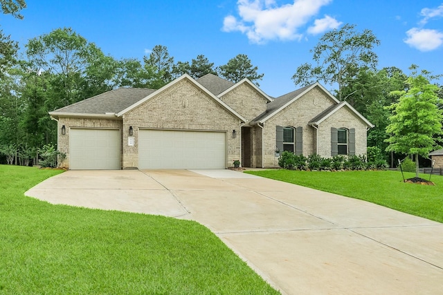 ranch-style house featuring driveway, a front yard, brick siding, an attached garage, and a shingled roof