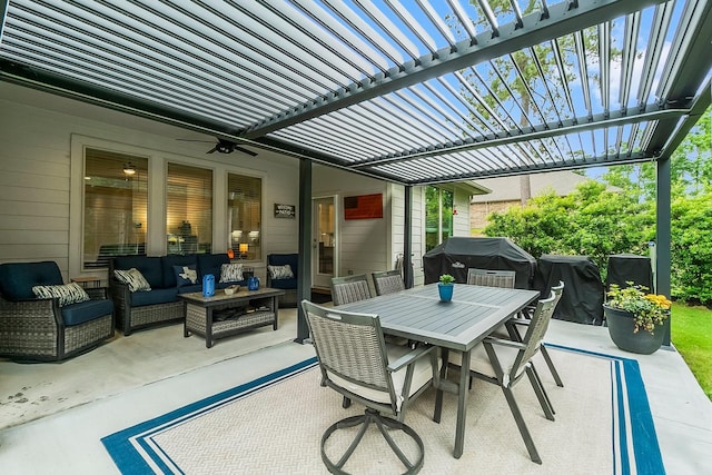 view of patio / terrace with an outdoor hangout area, a ceiling fan, a pergola, and outdoor dining space