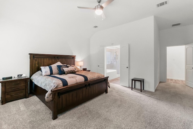 carpeted bedroom featuring visible vents, a ceiling fan, and ensuite bathroom