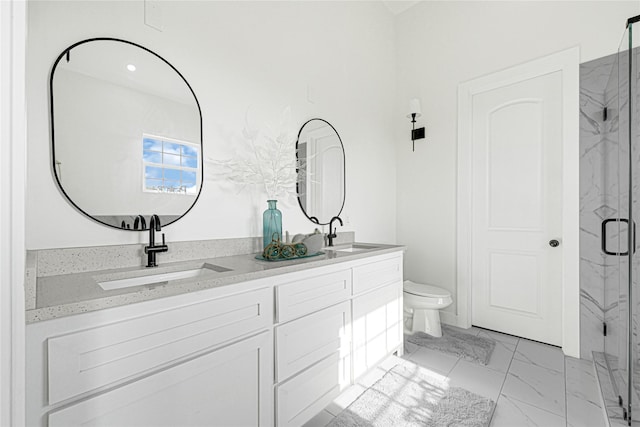 203 Dwire Dr, La Porte, TX 77571 - bathroom with a sink, a marble finish shower, toilet, and marble finish floor