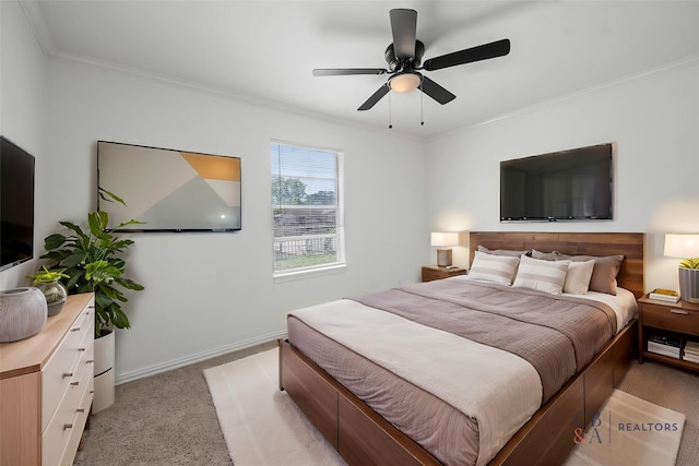 7817 Woodlyn Rd, Houston, TX 77028 - bedroom featuring ornamental molding, light carpet, baseboards, and a ceiling fan