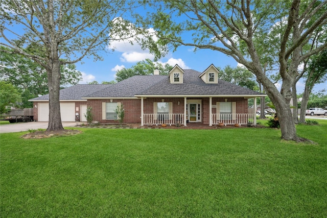 view of front of home featuring covered porch, a front yard, a garage, brick siding, and concrete driveway