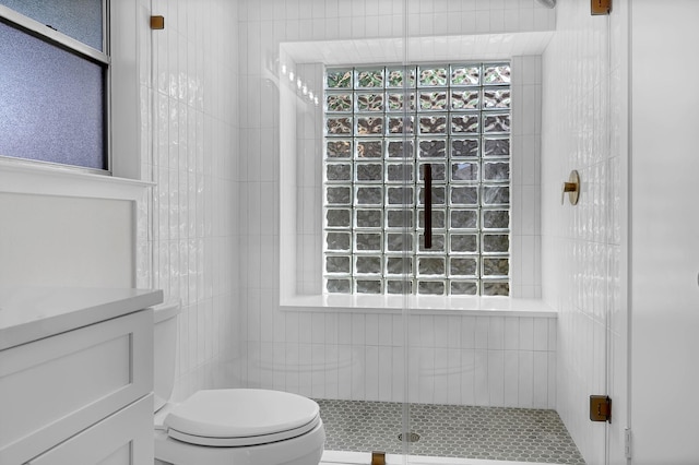 bathroom with vanity, toilet, and a shower stall