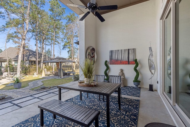 208 S Empress Green Pl, Montgomery, TX 77316 - view of patio featuring fence, a ceiling fan, and a gazebo