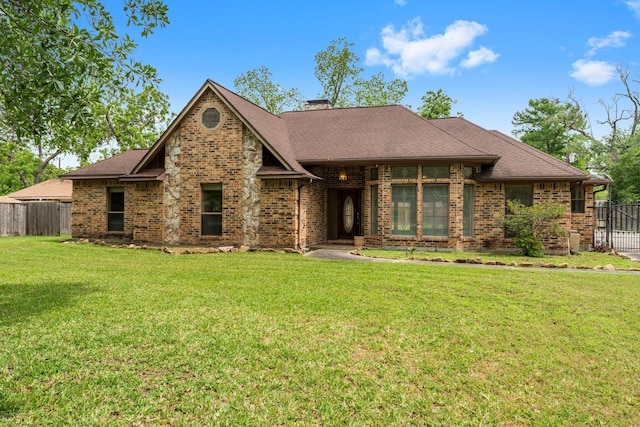 view of front of property with brick siding, a front lawn, and fence