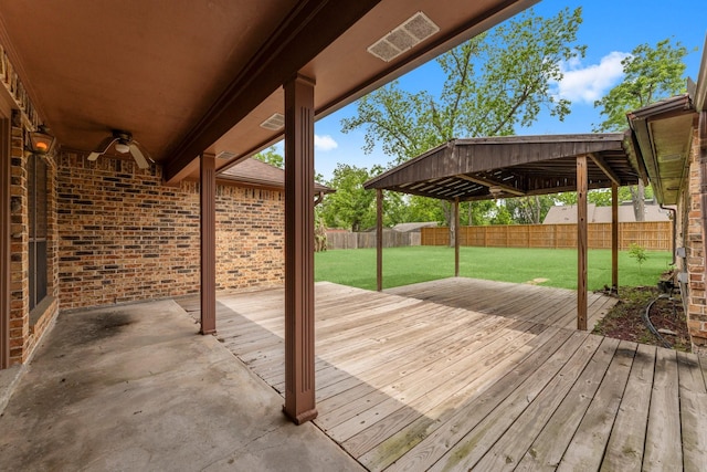 wooden deck with a fenced backyard and a lawn