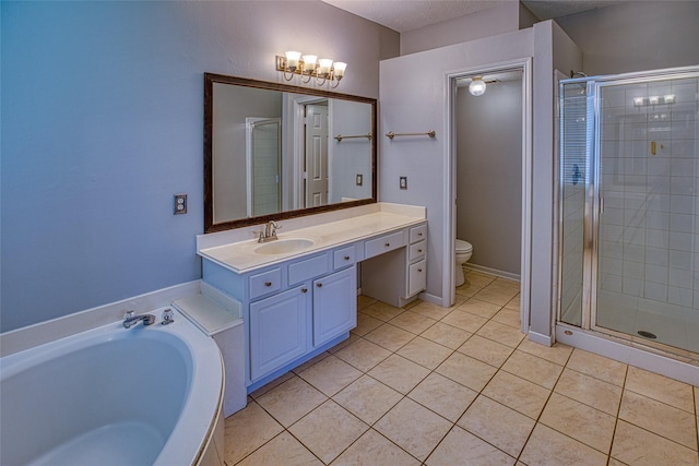 full bathroom with a shower stall, tile patterned flooring, toilet, and vanity