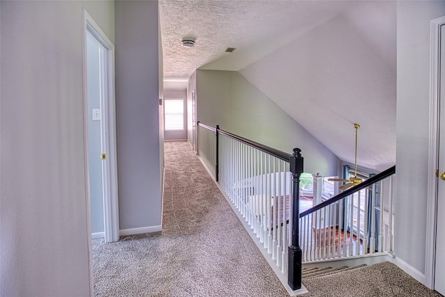 6505 River Glen Ct, Pearland, TX 77584 - hall with carpet floors, a textured ceiling, and lofted ceiling