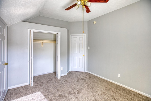 6505 River Glen Ct, Pearland, TX 77584 - unfurnished bedroom featuring a textured ceiling, carpet, vaulted ceiling, a closet, and ceiling fan