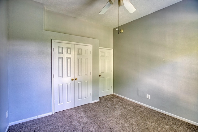 6505 River Glen Ct, Pearland, TX 77584 - unfurnished bedroom featuring carpet flooring, a closet, a ceiling fan, and a textured ceiling