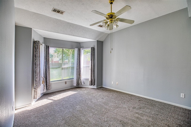 6505 River Glen Ct, Pearland, TX 77584 - spare room with ceiling fan, a textured ceiling, carpet floors, and vaulted ceiling