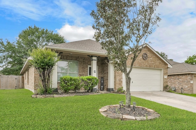 ranch-style home with a garage, fence, driveway, and a front lawn