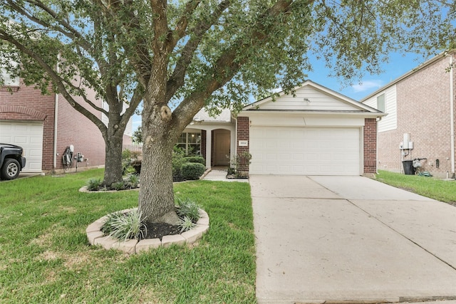 ranch-style home featuring concrete driveway, brick siding, a garage, and a front lawn