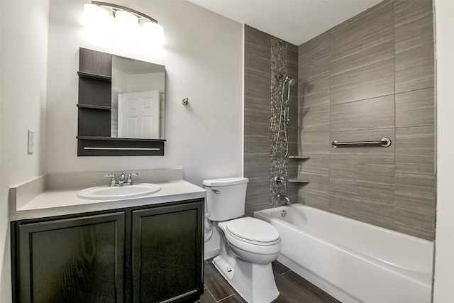 full bath with vanity, bathtub / shower combination, toilet, and wood finished floors