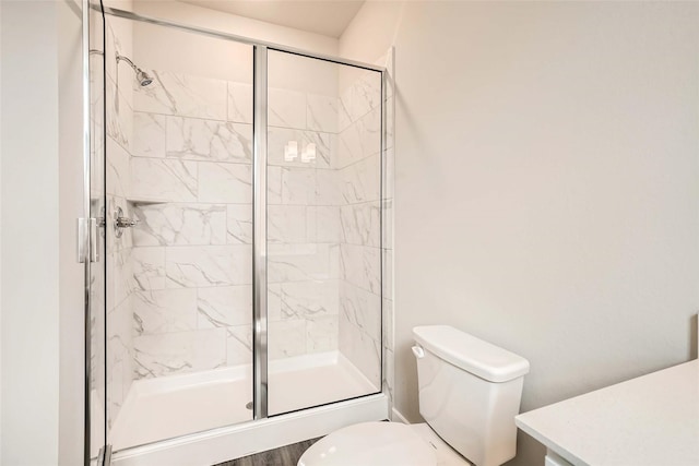 full bathroom featuring vanity, a stall shower, and toilet