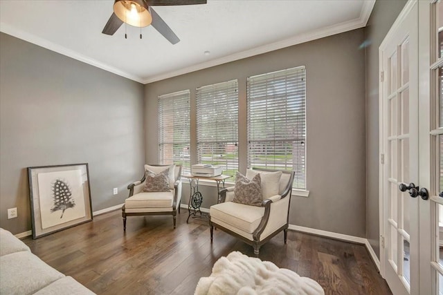 13538 Scenic Glade Dr, Houston, TX 77059 - sitting room with a ceiling fan, wood finished floors, ornamental molding, and french doors