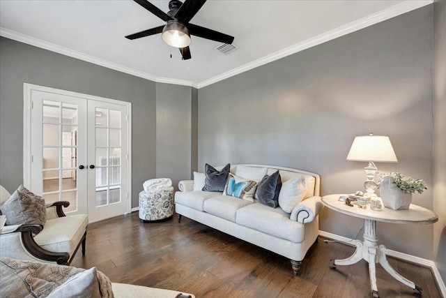 13538 Scenic Glade Dr, Houston, TX 77059 - living area featuring french doors, crown molding, a ceiling fan, wood finished floors, and baseboards