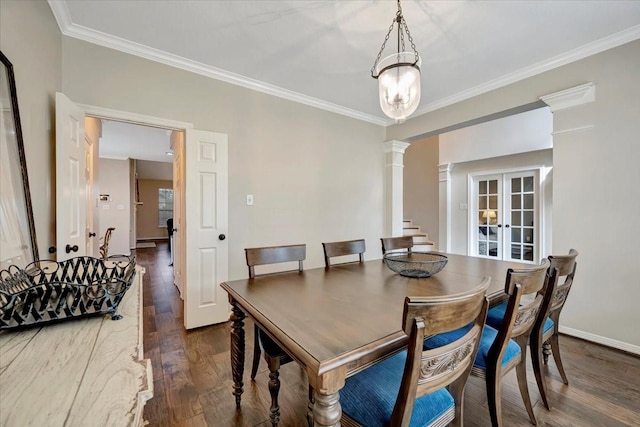 13538 Scenic Glade Dr, Houston, TX 77059 - dining area with dark wood-style floors, crown molding, decorative columns, french doors, and baseboards