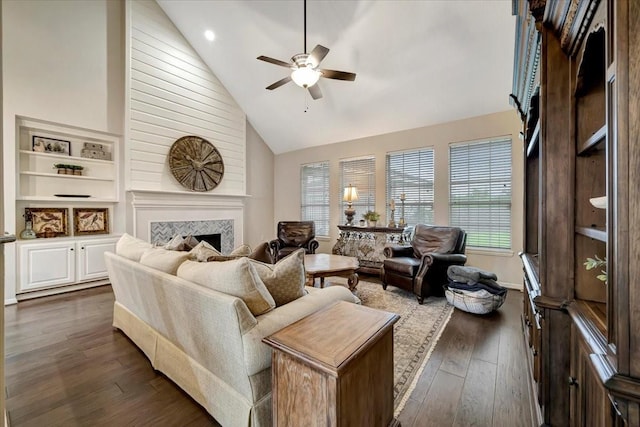 13538 Scenic Glade Dr, Houston, TX 77059 - living area featuring high vaulted ceiling, a tile fireplace, a ceiling fan, dark wood-style flooring, and recessed lighting