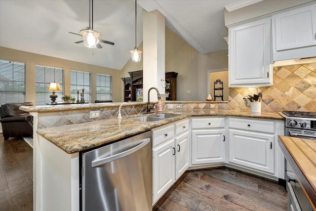 13538 Scenic Glade Dr, Houston, TX 77059 - kitchen with appliances with stainless steel finishes, a sink, a ceiling fan, a peninsula, and backsplash