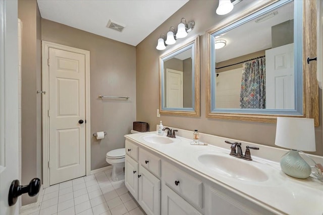 13538 Scenic Glade Dr, Houston, TX 77059 - bathroom with toilet, tile patterned flooring, double vanity, baseboards, and a shower with curtain