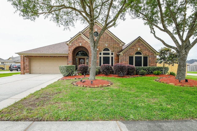 629 Pelican Harbour Dr, Texas City, TX 77590 - ranch-style house featuring brick siding, a garage, a front lawn, and concrete driveway