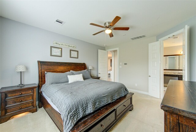 bedroom with baseboards, light carpet, a ceiling fan, and visible vents