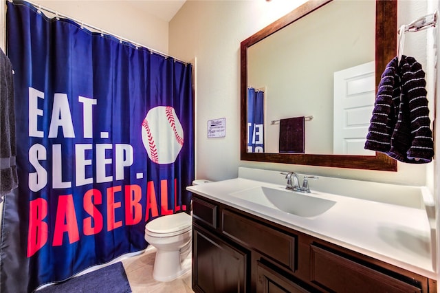 full bath with toilet, tile patterned floors, a shower with curtain, and vanity
