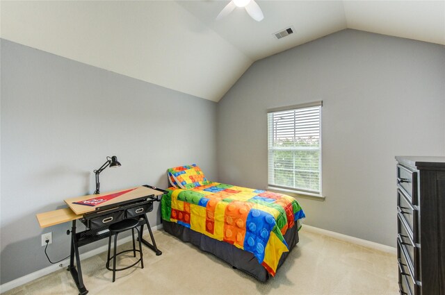 bedroom featuring ceiling fan, light carpet, baseboards, lofted ceiling, and visible vents