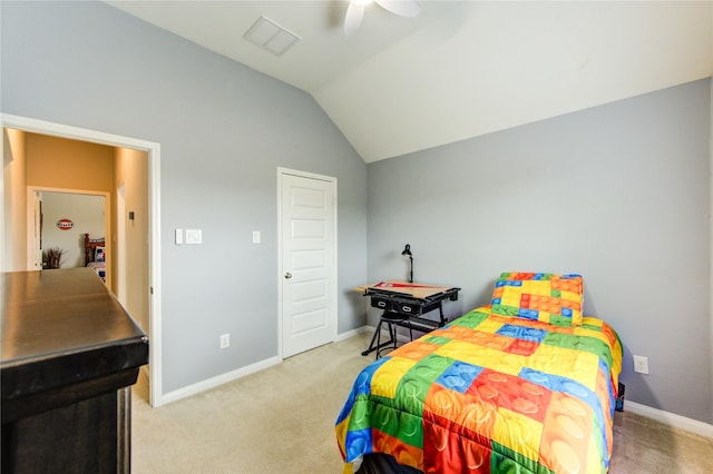 carpeted bedroom featuring visible vents, baseboards, ceiling fan, and lofted ceiling