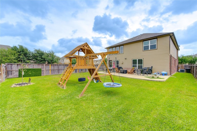back of house with a patio, a fenced backyard, a playground, central air condition unit, and a yard