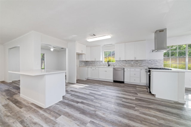kitchen with decorative backsplash, island range hood, light wood-type flooring, white cabinets, and stainless steel appliances