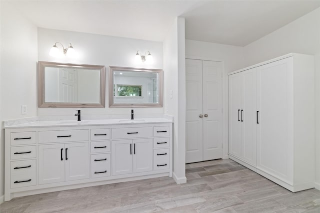bathroom featuring wood finished floors, double vanity, a sink, and a closet