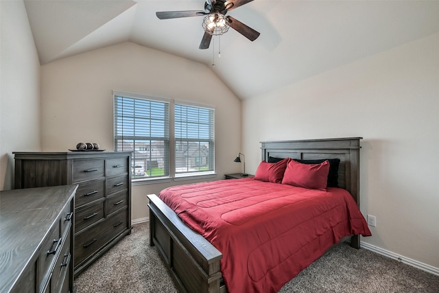 bedroom with baseboards, a ceiling fan, carpet flooring, and lofted ceiling