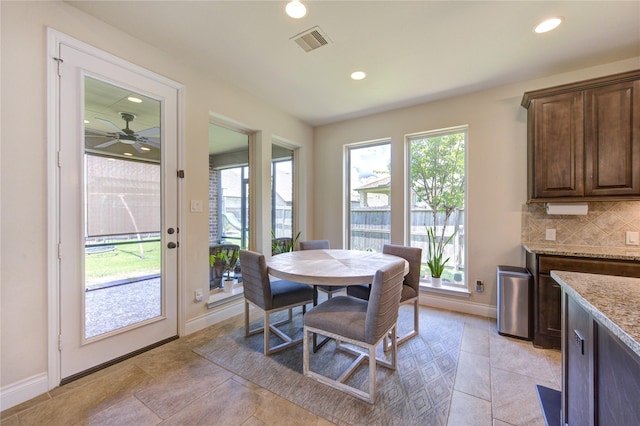 dining area with recessed lighting, baseboards, visible vents, and a ceiling fan