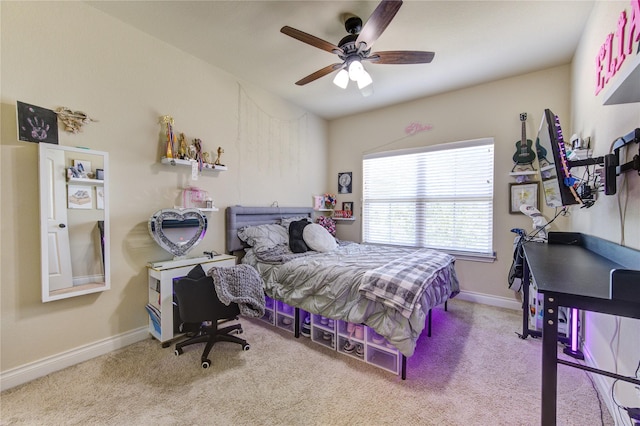 bedroom featuring carpet flooring, ceiling fan, and baseboards