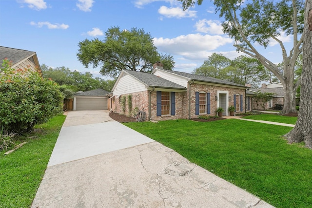 12510 Deep Spring Ln, Houston, TX 77077 - ranch-style home featuring brick siding, an outdoor structure, a front lawn, a chimney, and roof with shingles